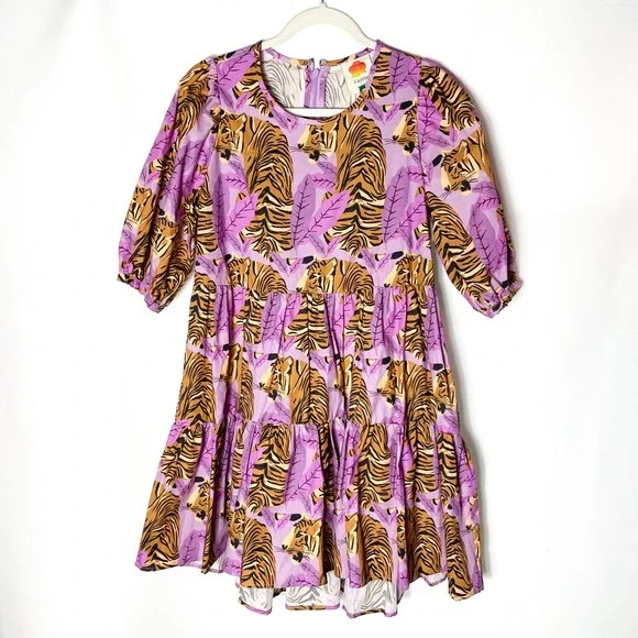 Farm Rio Tiger Leaves Dress Purple Mini Tiered Short Puff Sleeve Casual Sz XS